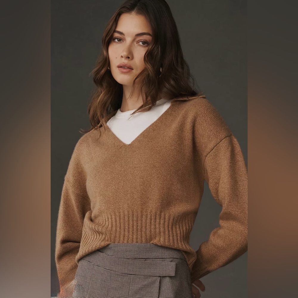 REFORMATION BECKIE 100% CASHMERE COLLARD POLO V NECK SWEATER SIZE M IN CAMEL - Picture 5 of 12